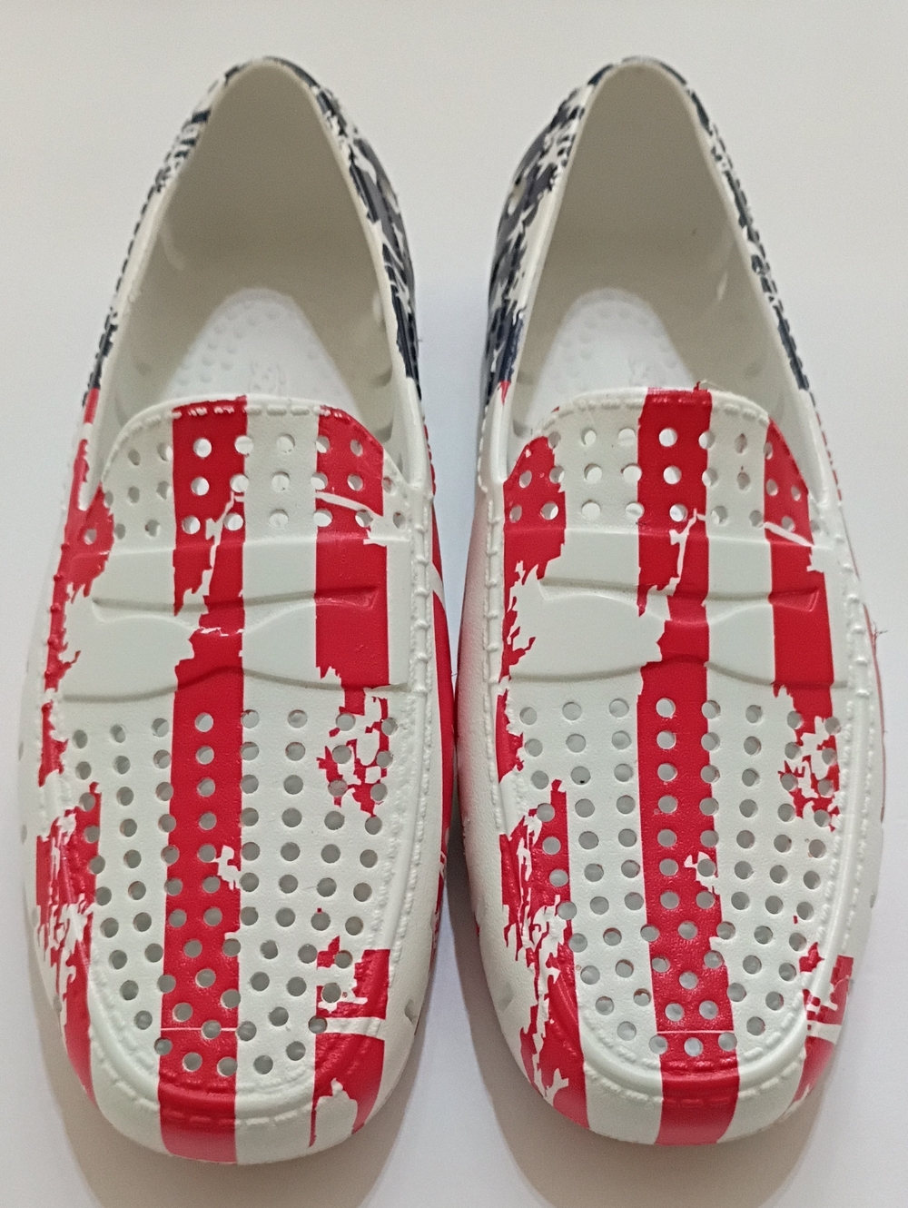Floafers White Slip-On Loafers with Red Stripe Paint Detail